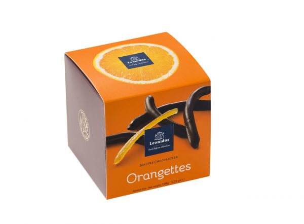 Cub spécialités orangettes 200g - Ciocolaterie Ploiesti, Romania. Coajă de portocală confiată îmbrăcată într-un strat de ciocolată neagră